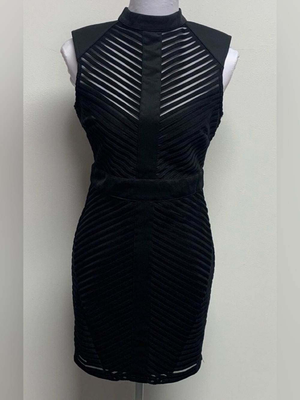 Main Strip Size M Black Semi Sheer Sleeveless Textured Dress